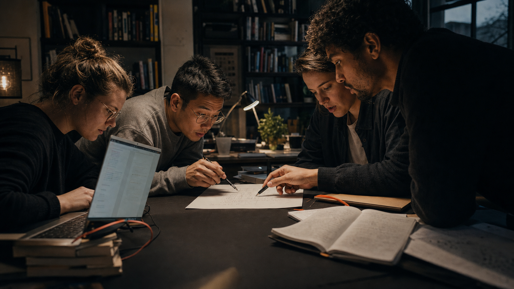 Researchers working together around a table with laptops, notes, and printed pages