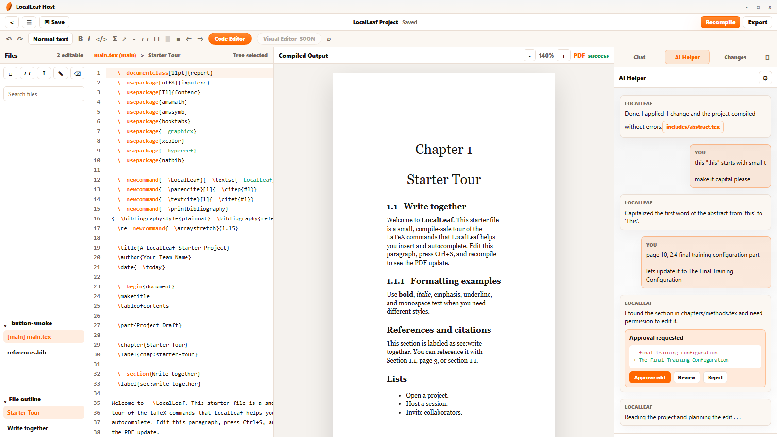 The current LocalLeaf editor showing LaTeX source, a compiled PDF, and the AI Helper approval flow