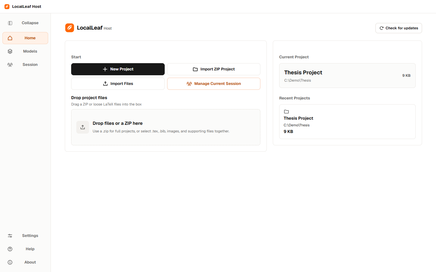 The current LocalLeaf Host home screen with controls for opening a project and managing a session