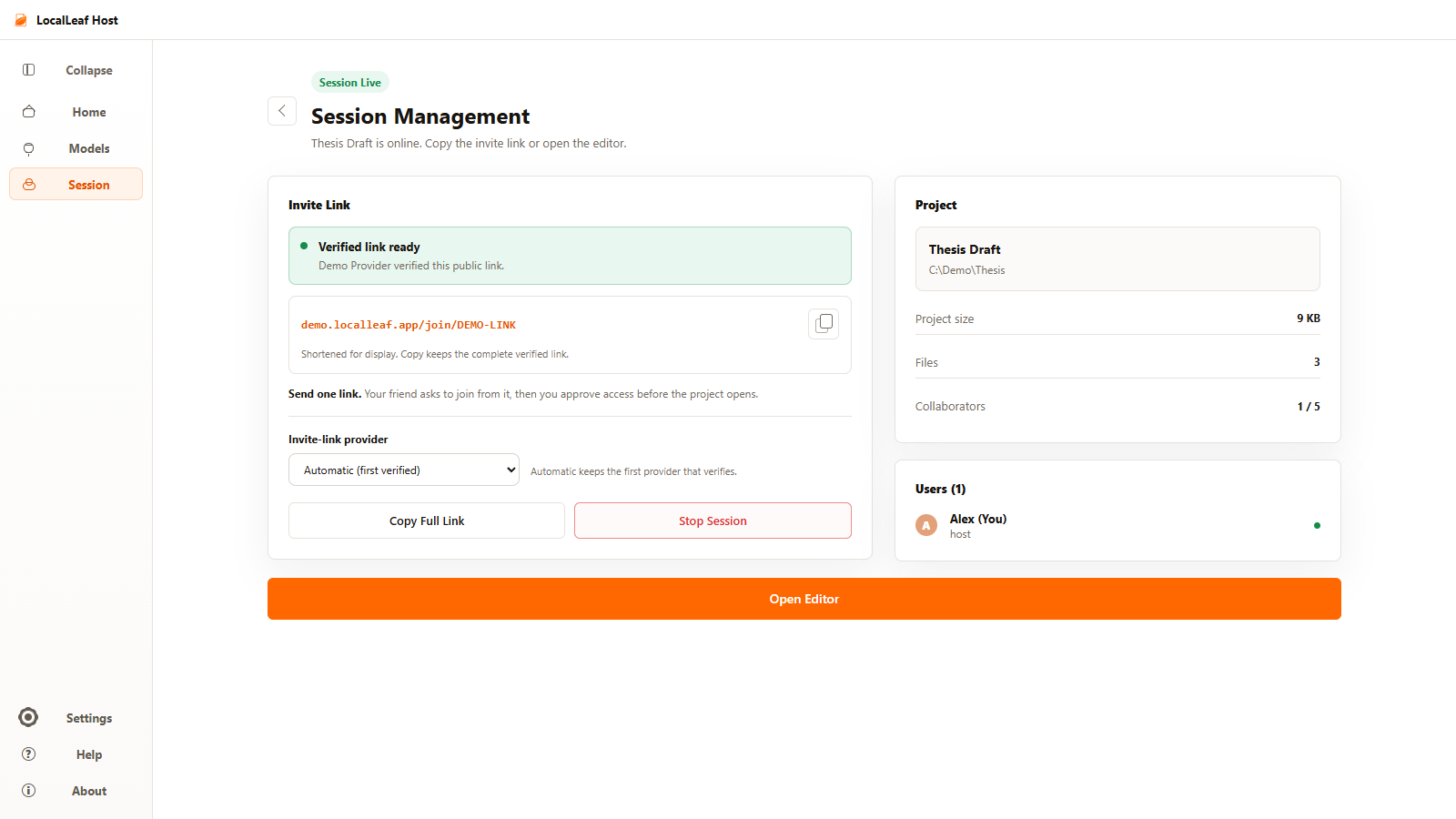 The current LocalLeaf session screen with a verified invite link and host approval controls