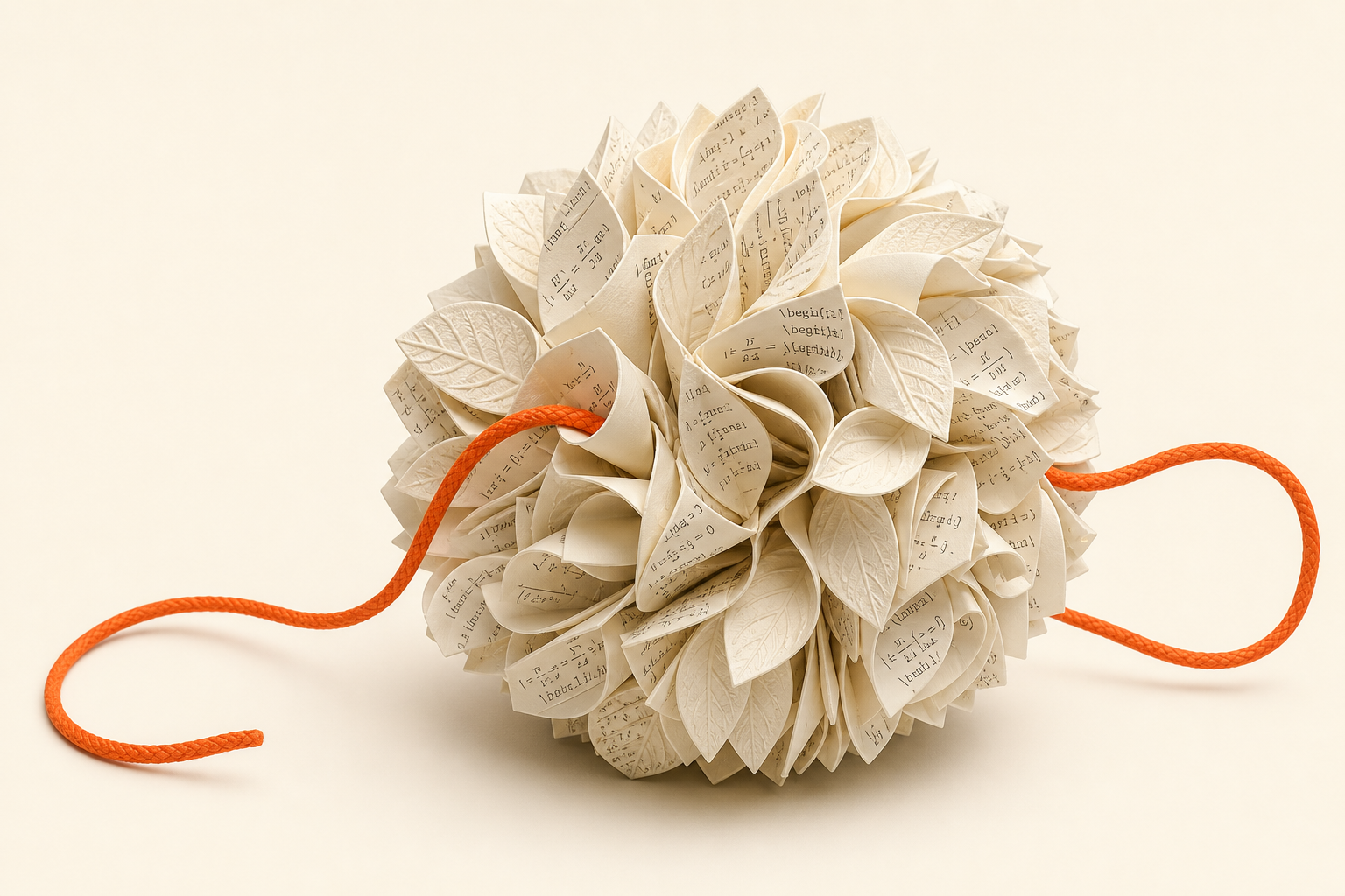 A sphere handmade from folded manuscript pages and paper leaves, threaded with one orange cord