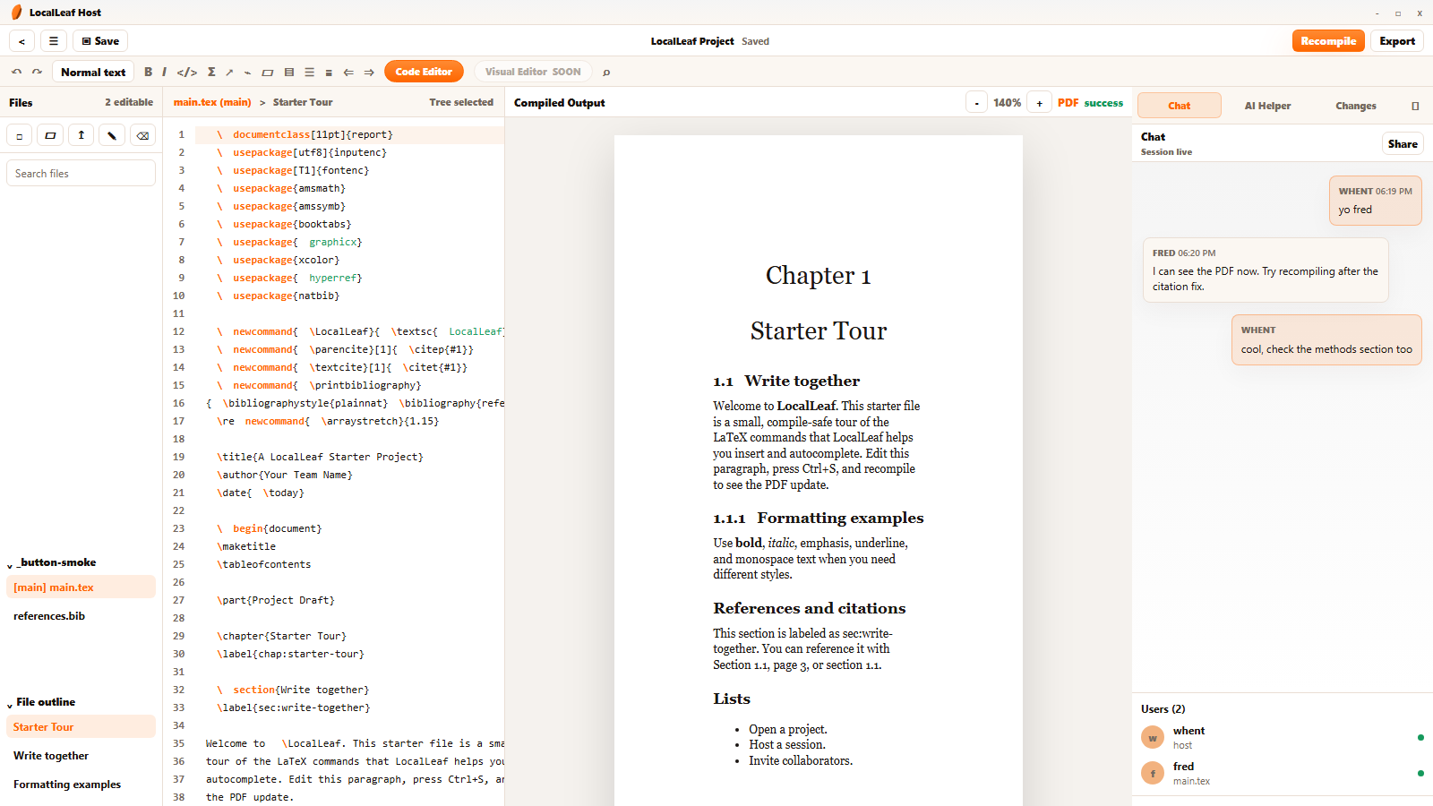 Current LocalLeaf editor with LaTeX source, compiled PDF, and collaboration tools