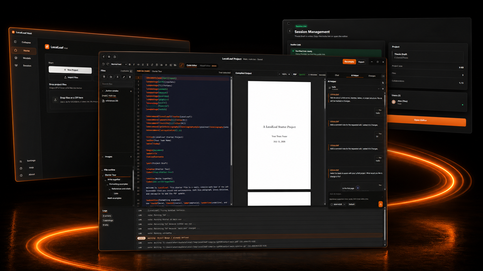 Current dark-mode LocalLeaf Host, Session, and Editor screens moving through an orange compile current