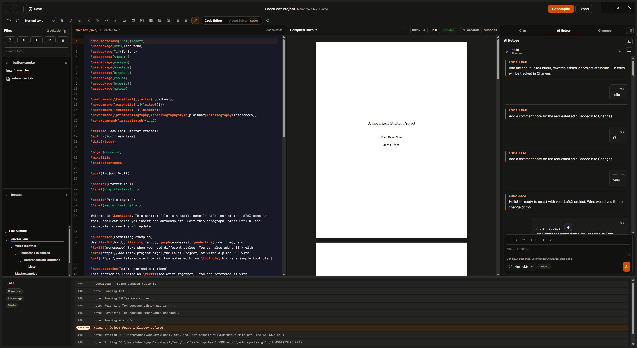 Current LocalLeaf collaborative LaTeX editor in dark mode