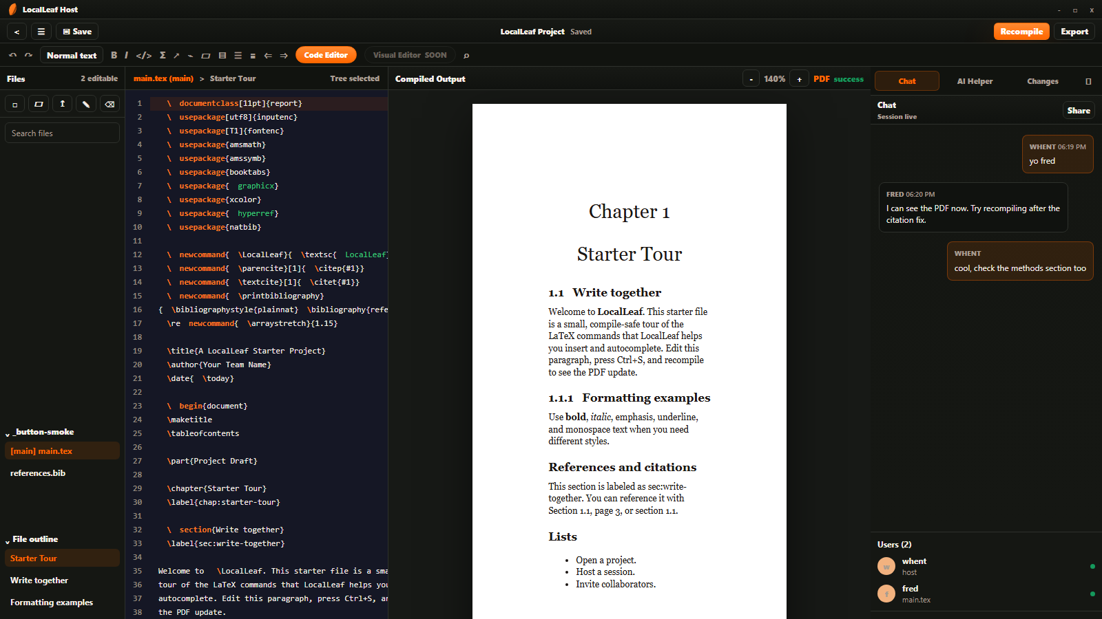 LocalLeaf editor showing LaTeX source, a compiled PDF, and collaborator chat